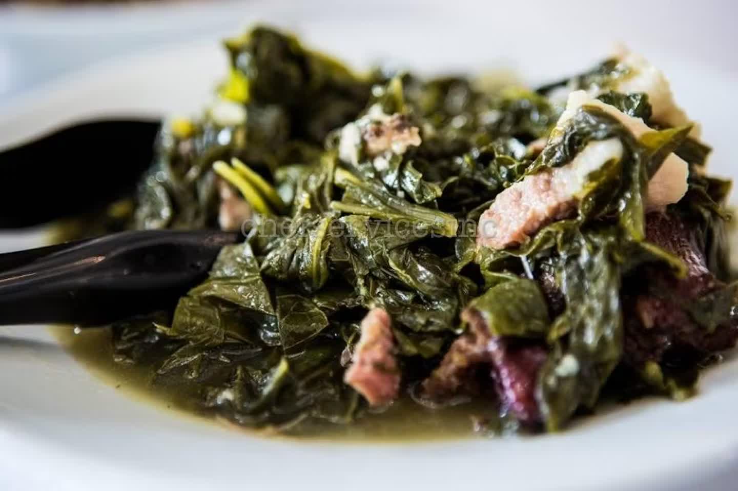 Collard greens cooked Southern-style with pot likker